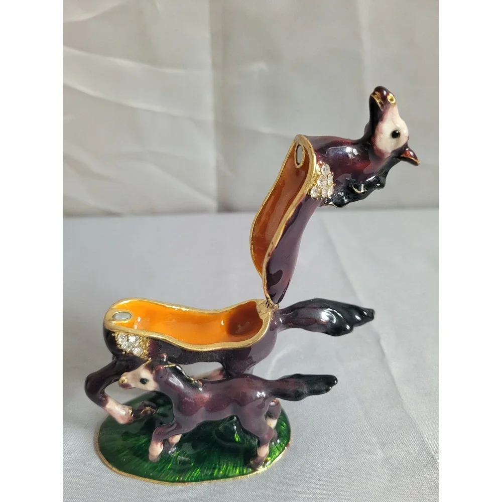 Enamel Metal Horse & Foal Hinged Trinket Box w/ Rhinestones Purple Green Base